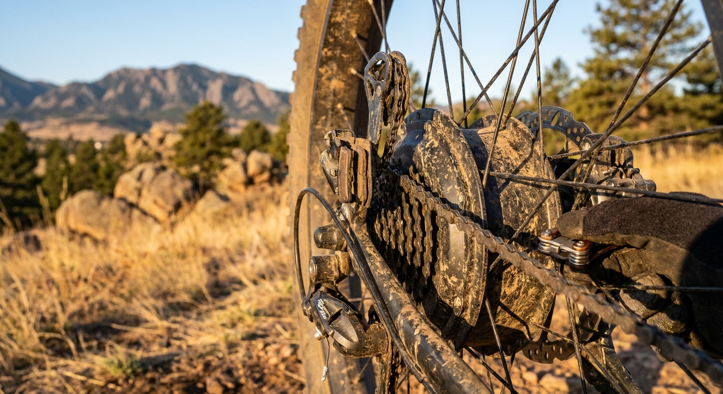 A close-up outdoor photo of an eBike drivetrain and disc brake being inspected after a Front Range ride, with dusty chai